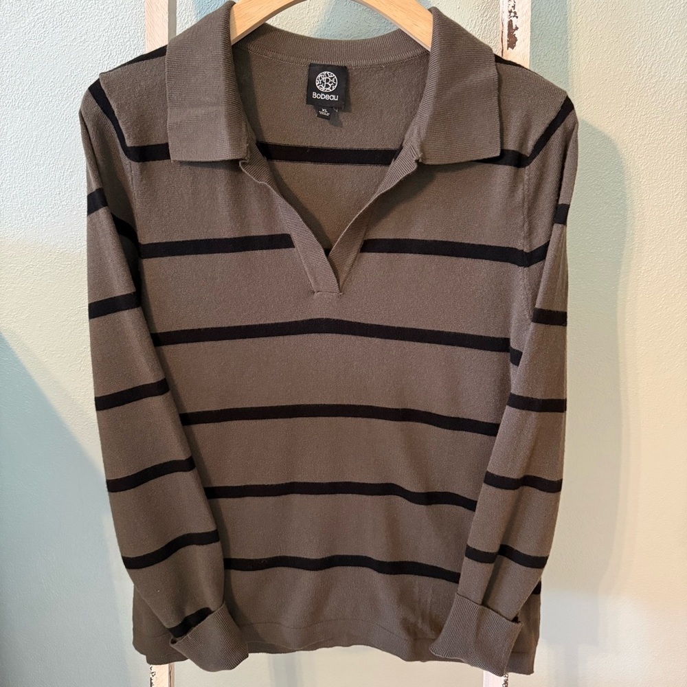 Bobeau Olive Green Striped Knit Polo V Neck Crop Sweater Size XL